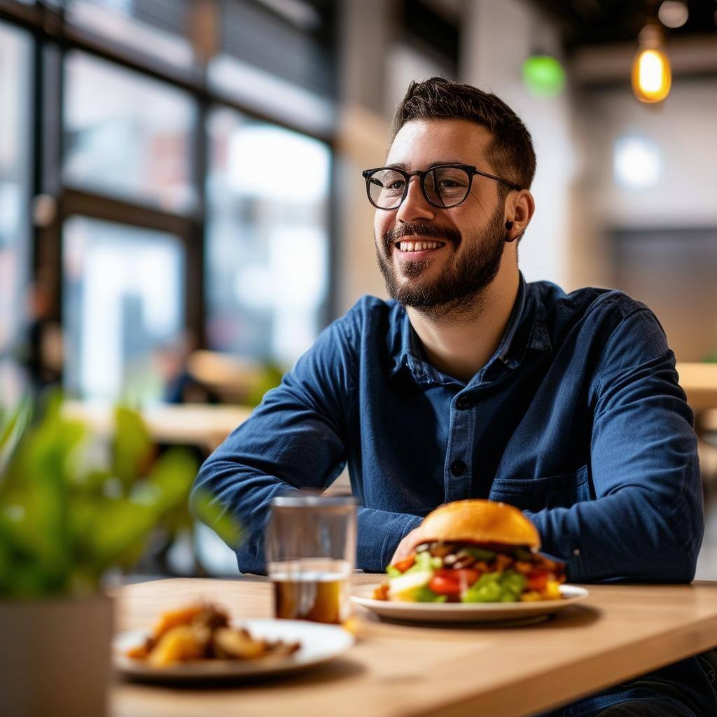 Um funcionário fazendo uma pausa durante a jornada de trabalho, aproveitando a hora do almoço.