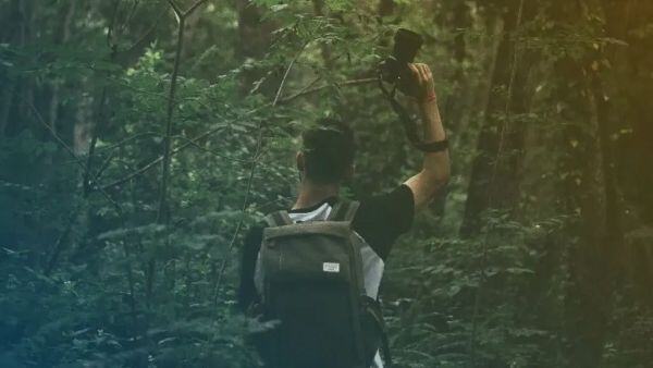 Hombre con camara de fotos en un bosque